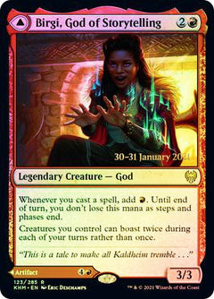 Birgi, God of Storytelling // Harnfel, Horn of Bounty [Kaldheim Prerelease Promos]-1