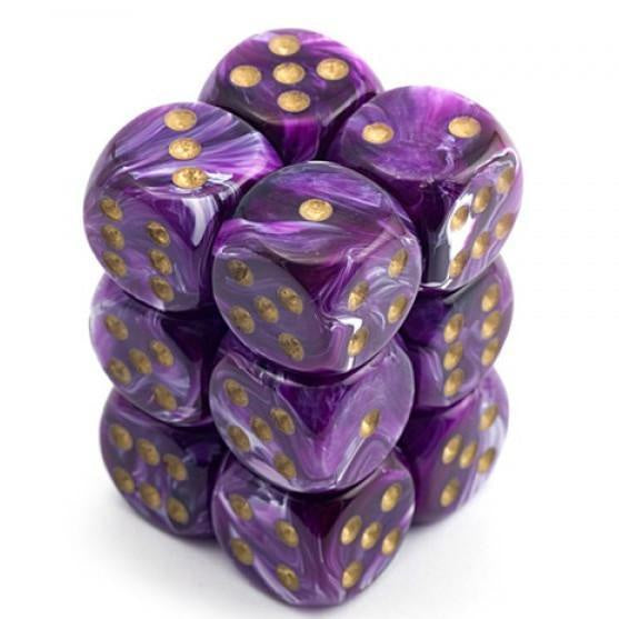 Chessex Dice Sets: Purple/Gold Vortex 16mm d6 (12)