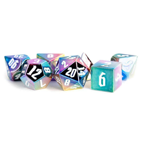 MDG 16mm Aluminium Plated Acrylic Poly Dice Set: Rainbow Aegis w/ White Numbers-1