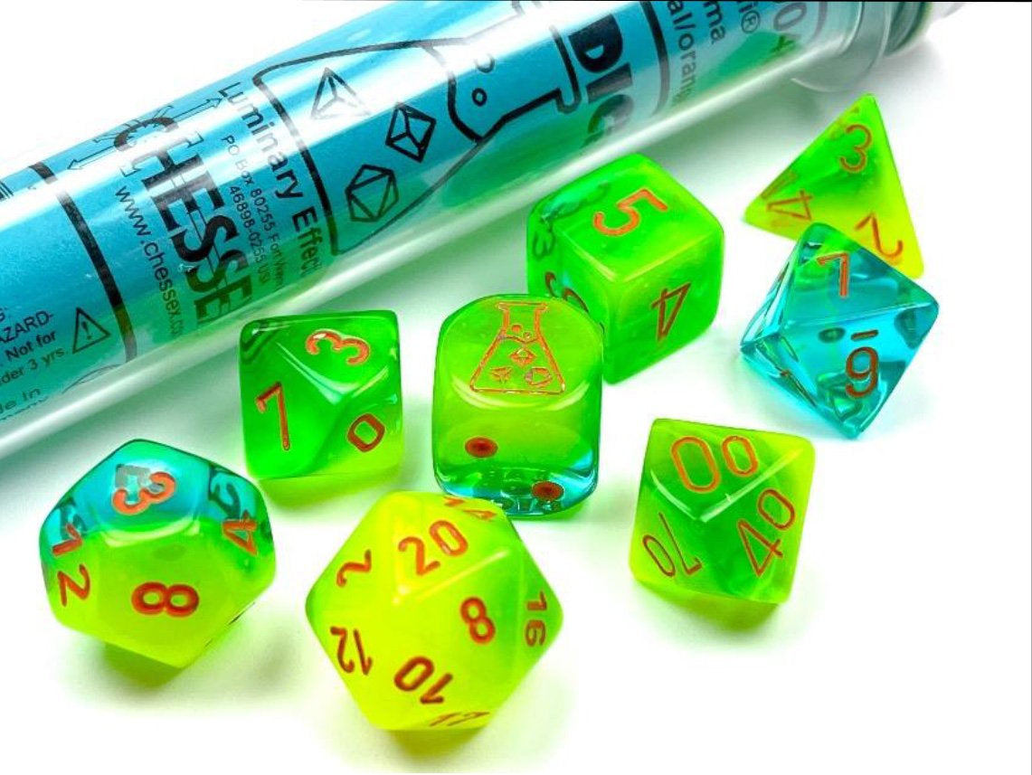 CHX30048 Gemini Plasma Green-Teal/ Orange 7-Set Lab dice