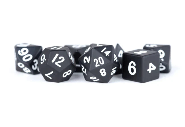 MDG 16mm Metal Poly Dice Set: Black w/ White Numbers-1