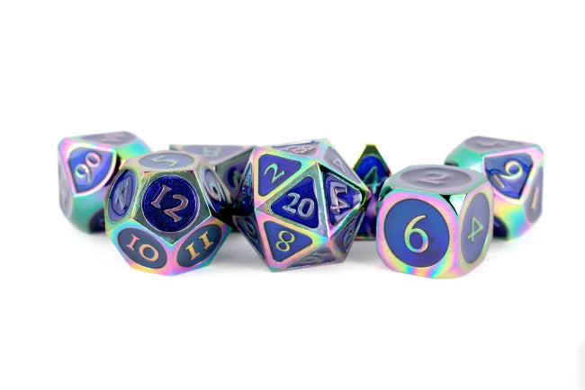 MDG 16mm Metal Polyhedral Dice Set: Rainbow w/ Blue Enamel